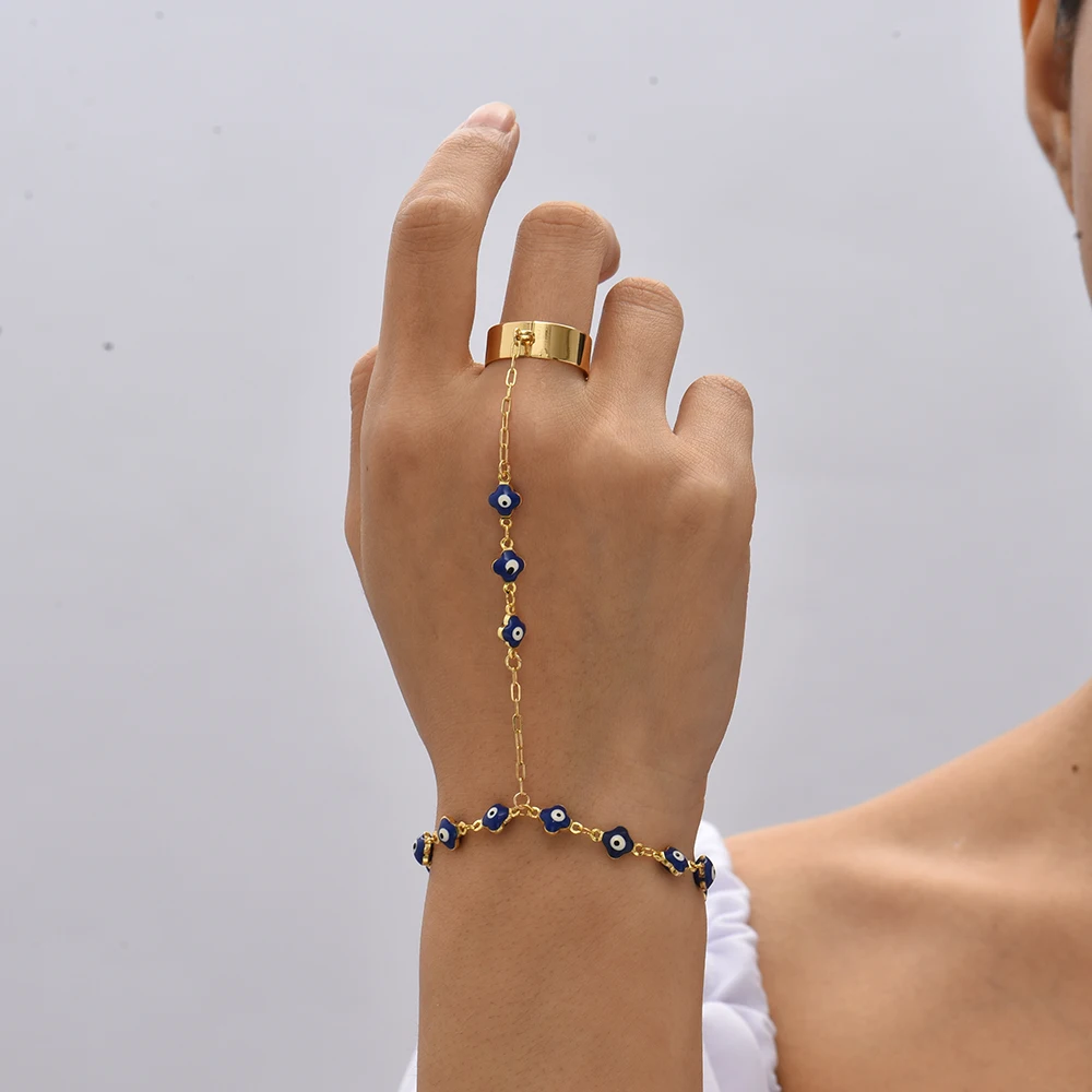 Ucky eye beaded chain bracelet finger rings for women blue red evil eye connecting hand thumb200