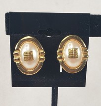 Vintage Givenchy Signed Logo Simulated Oval Pearl Gold Tone Clip-on Earrings - £145.27 GBP