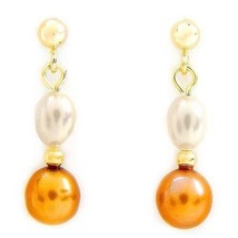 Freshwater Round Yellow &amp; Oval White PEARL Solid 14K Yellow GOLD Dangle Earrings - £72.01 GBP