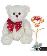 Bearington Teddy Bear + Single Rose Gold Plated Rose Flower Tabletop Orn... - $23.99