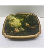 Vintage Wooden Decoupage Jewelry Box Velvet Lined Hinged Top Country Scene - $16.82