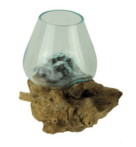 Clear Molten Glass On Teak Driftwood Base Decorative Bowl Vase Terrarium Planter - £46.92 GBP