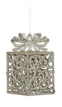 Kurt S. Adler Platinum Glittered Filigree Present W/ Bow Christmas Tree Ornament - £7.07 GBP
