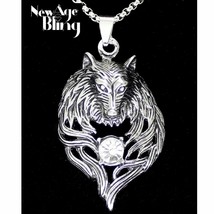 Wolf Pendant Rhinestone Necklace Set Stainless Steel 24&quot; Box Chain  - £3.98 GBP