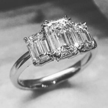 Emerald Cut 2.80Ct Three Simulated Diamond Engagement Ring 14k White Gold Size 7 - £213.31 GBP