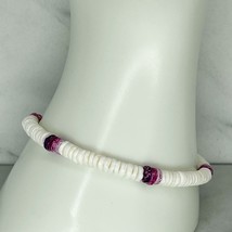 White and Purple Disc Shell Beaded Stretch Bracelet - £5.20 GBP