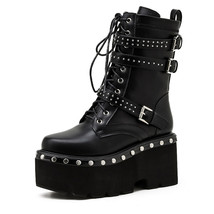 Spring Lace-Up Motorcycle Boots for Women Round Toe Thick Platform High Heels Fe - £58.33 GBP