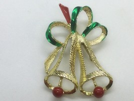 Signed JERRY’S Christmas Bells Brooch Red &amp; Green Enameling On Goldtone - £3.69 GBP