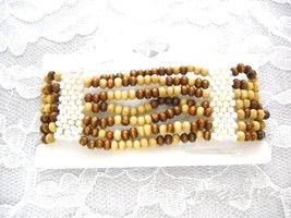 TAN &amp; BROWN WOODEN BEADS 7 ROW STRETCH BRACELET WHITE SEED BEAD ACCENTS - $3.99