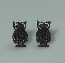 Vintage 925 Sterling Silver &amp; Marcasite Owl Earrings - $26.73