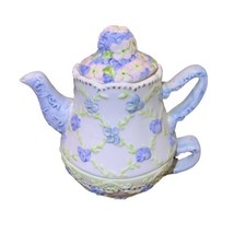 Lady Jayne Ltd 2002 -3 Piece Stackable Ceramic Teapot Lid &amp; Cup Set Blue Green - £13.95 GBP