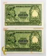 1951 Italy 2 Sequentially Numbered 50 Lire (AU) About Uncirculated Condi... - $78.79 CAD