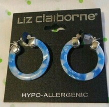 Liz Claiborne Women's White Blue Hoop Earrings Silver Tone 30 MM NEW - $15.12