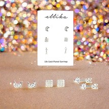 ETTIKA Moon, Arrow &amp; Square Crystal 18k Gold Plated Stud Set Brand New With Tags - £58.18 GBP