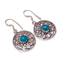 Cabochon Turquoise Gemstone 925 Silver Overlay Handmade Dangle Filigree Earrings - £7.95 GBP