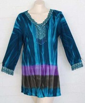 The Pyramid Collection Size Large Teal Purple Tie Dye Lace Sequins Tunic Top - £17.36 GBP