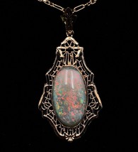 Art Deco 10k Gold 4.73ct Genuine Natural Opal Filigree Pendant Necklace (#J5639) - £906.10 GBP