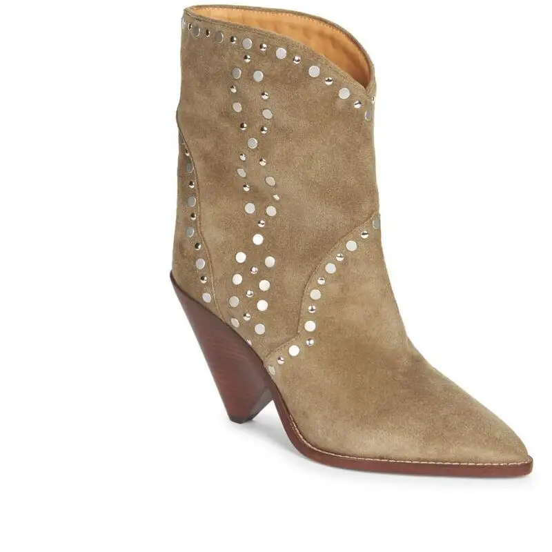 Winter Ankle Boots For Women Light Tan   Leather Rivets Biker  Booties Spike Hig - £221.57 GBP