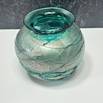 Verrerie La Mailloche Quebec Blown Fused Metallic Art Glass Vase Teal Si... - $47.52