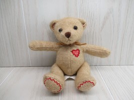 small mini plush tan burlap teddy bear red gingham heart feet ear stitching bow - £5.53 GBP