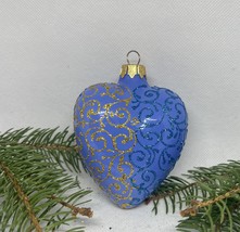 Christmas heart blue and gold glass Christmas handmade ornament, XMAS decoration - £10.66 GBP