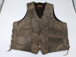 Vintage Unik Brown Leather Lace Up Sides Snap Biker Vest Pocket Men&#39;s Si... - £27.08 GBP