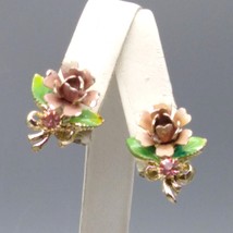 Vintage Pink Rose Earrings, Screw Back Metal Enamel Flowers with Pink Crystal - £20.34 GBP