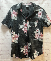Hang Ten Shirt Men Medium M Black Hawaiian Button Front Pink hibiscus fl... - $14.84