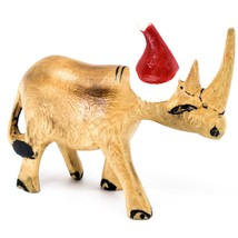 Hand Carved &amp; Painted Jacaranda Wood Santa Hat Rhino Safari Christmas Figure - £3.94 GBP