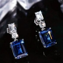Chic Cuboid Elegance Long Blue & White Synthetic Gems Dangle Earrings women gift - $11.84