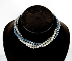 Vintage Triple Strand BLUE BEAD NECKLACE 3 Shades Beaded Choker Rhinestones 14&quot; - £13.44 GBP