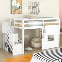 Twin Size Low Loft Bed For Kids,Twin Loft Bed With Storage Staircase And Window, - £516.32 GBP