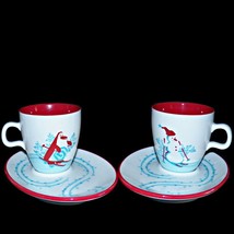 Pair of Starbucks Holiday 2007 Snack Set 6oz Cup Saucer Skiing Snowman Penguin - $37.99