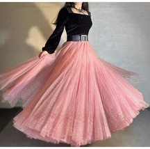 PINK Glittery Sequin Long Tulle Skirt Women Plus Size Sequin Sparkly Tulle Skirt