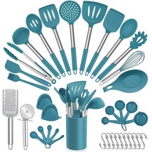 38 Pieces Kitchen Cooking Utensils Set With Holder, Blue Silicone Utensil With S - £34.78 GBP