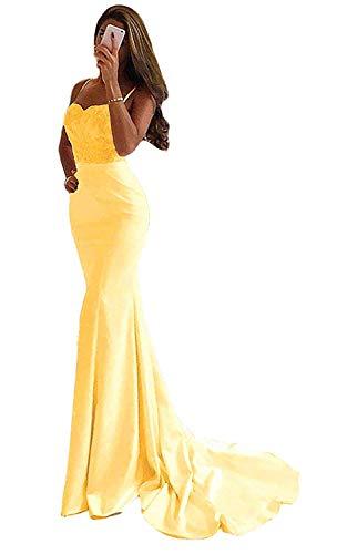 Women's Spaghetti Strap Long Beaded Lace Mermaid Evening Prom Dress Yellow US 6