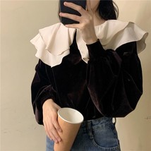 Korean Blouse Women Sweet Peter Pan Collar Long Sleeve Velvet Shirts work Ruffle - £43.39 GBP