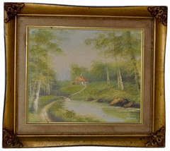Original on Wood Painting Wood Frame Unknown Signed Artist Country Cabin - £31.63 GBP