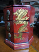 Antique Chinese Jewelry Box, golden dragons and 3 drawers, brass handles[a3] - £155.75 GBP