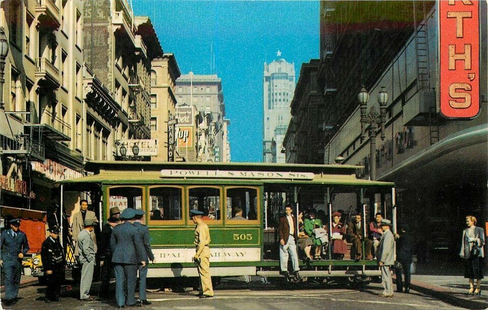Chrome Postcard CA J114 San Francisco Cable Car Turntable People 1950s A... - $3.47