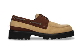 Men vegan boat shoes on beige Microsuede casual minimalist ridged rubber... - $141.86