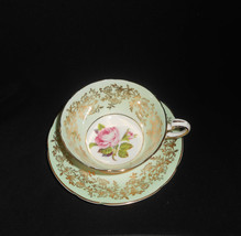 Paragon Teacup Floating Cabbage Rose Mint Green Gold Gilt Tea Cup &amp; Saucer - £95.48 GBP