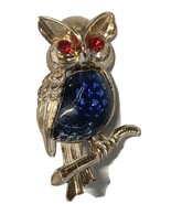 Vintage Silvertone Owl Brooch, Pin with Blue Cabochon, Red Rhinestones - $10.38 CAD