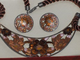 Cloisonne Enamel Necklace and Earring Set SITI Browns and Gold on Cord - £39.79 GBP