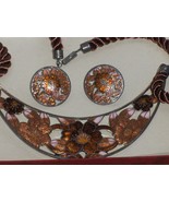 Cloisonne Enamel Necklace and Earring Set SITI Browns and Gold on Cord - £40.04 GBP