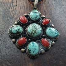 Vintage Tibetan Turquoise, Coral Glass Pendant TRQ-M2 - £47.25 GBP