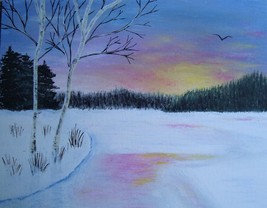 Painting Birch Trees Sunset  Landscape Original Monet Ross style Impress... - $71.76