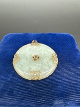 Vintage 14K Gold Jadeite Donut Pendant With Butterflies &#39;Good Fortune&#39; H... - $225.00