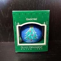 Vintage Hallmark Godchild Glass Ball Christmas Ornament Blue Tree 1987 Rare - £23.72 GBP