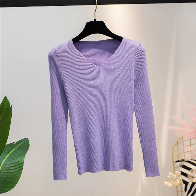 Purple Autumn And Winter V-neck Knitted Long-sleeved Slim - £27.99 GBP
